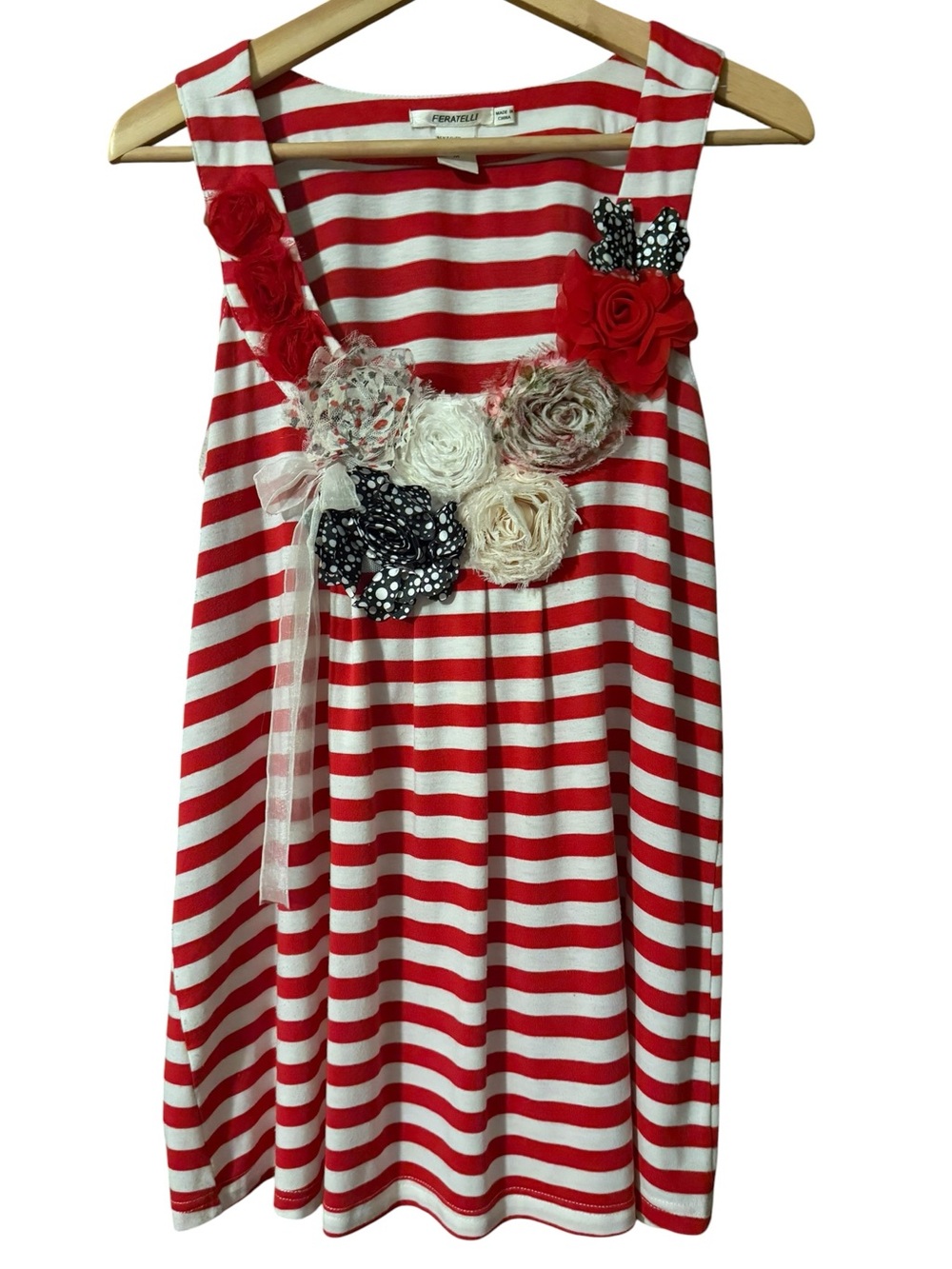 Vintage Tulle Floral Detailing Sleeveless Top Tee T Shirt Red White Stripes Tank